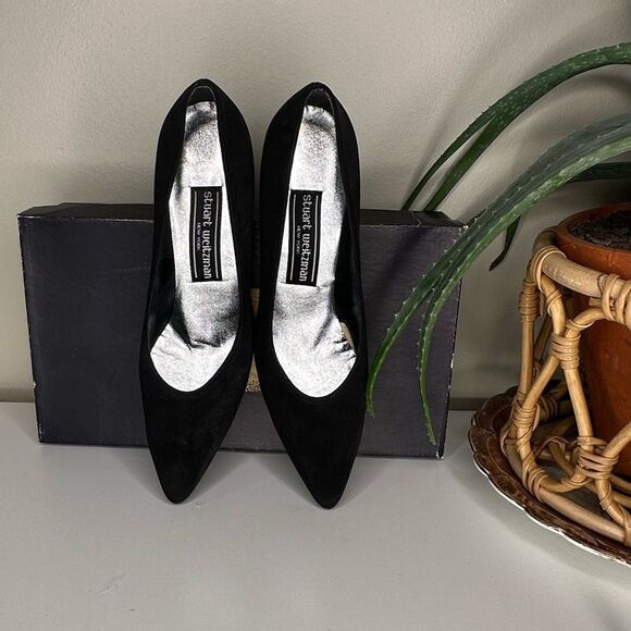 VTG Stuart Weitzman Lorraine Black Peau de Soie Pumps 7.5 AA Kitten Heels Spain - Picture 8 of 15